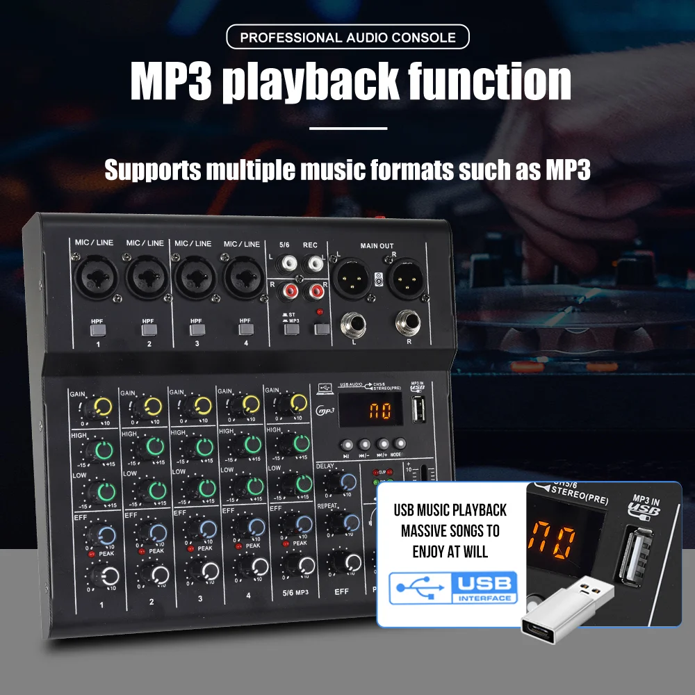 Professional 4 6 channels Audio mixer DJ karaoke Mixing Console With USB Interface Sound Card BT 48V PC MP3 DJ Recording