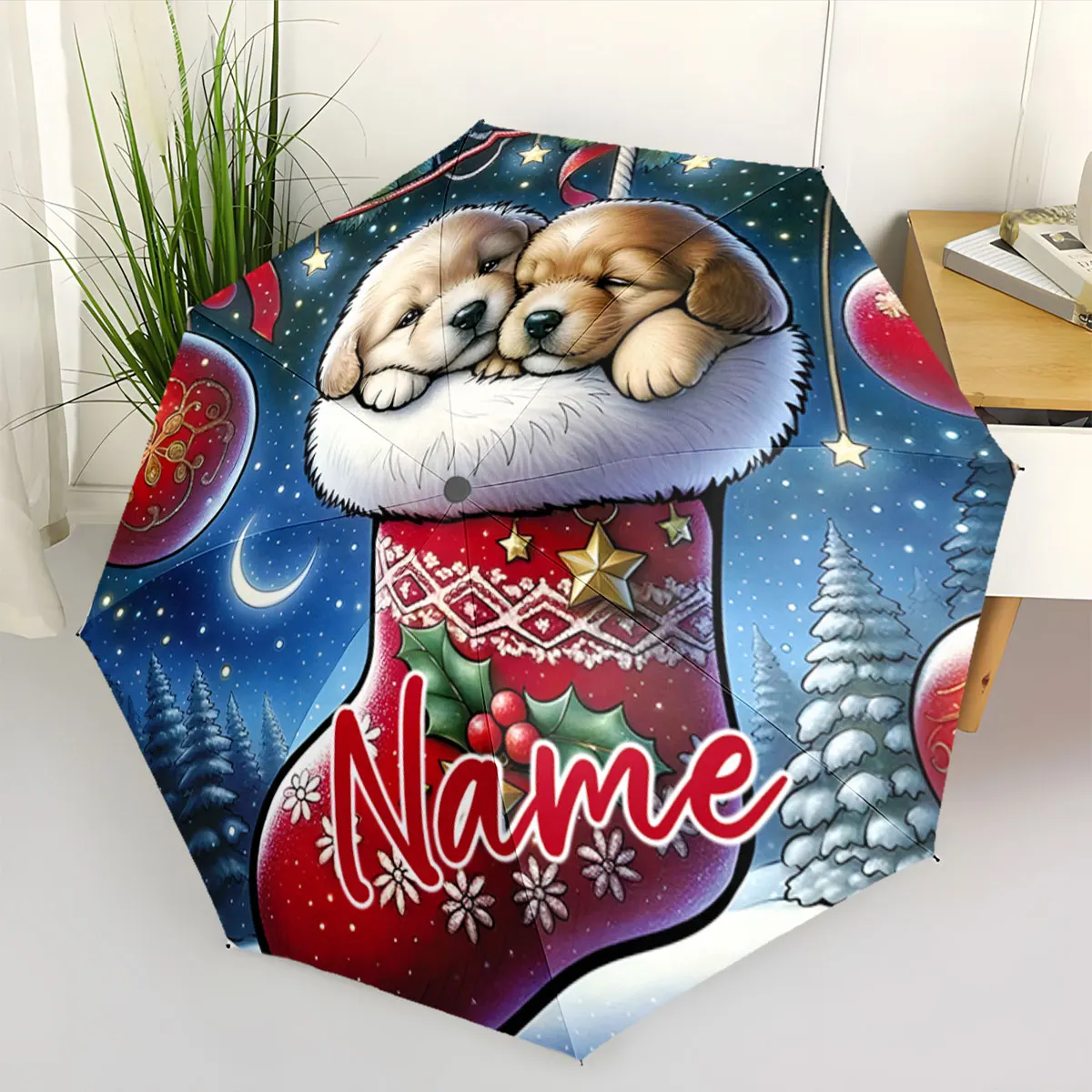 Custom Name Christmas themed umbrella with puppies in a stocking Print 8 Iron Ribs Folding Umbrella, Auto-Open Fashion Sunshade