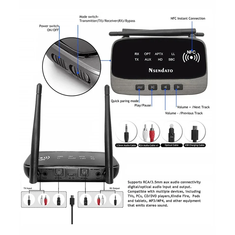 NFC 80M بلوتوث 5.0 جهاز ريسيفر استقبال وإرسال الصوت Aptx LL HD محول لاسلكي SPDIF AUX 3.5 مللي متر للكمبيوتر TV زوج 2 سماعات