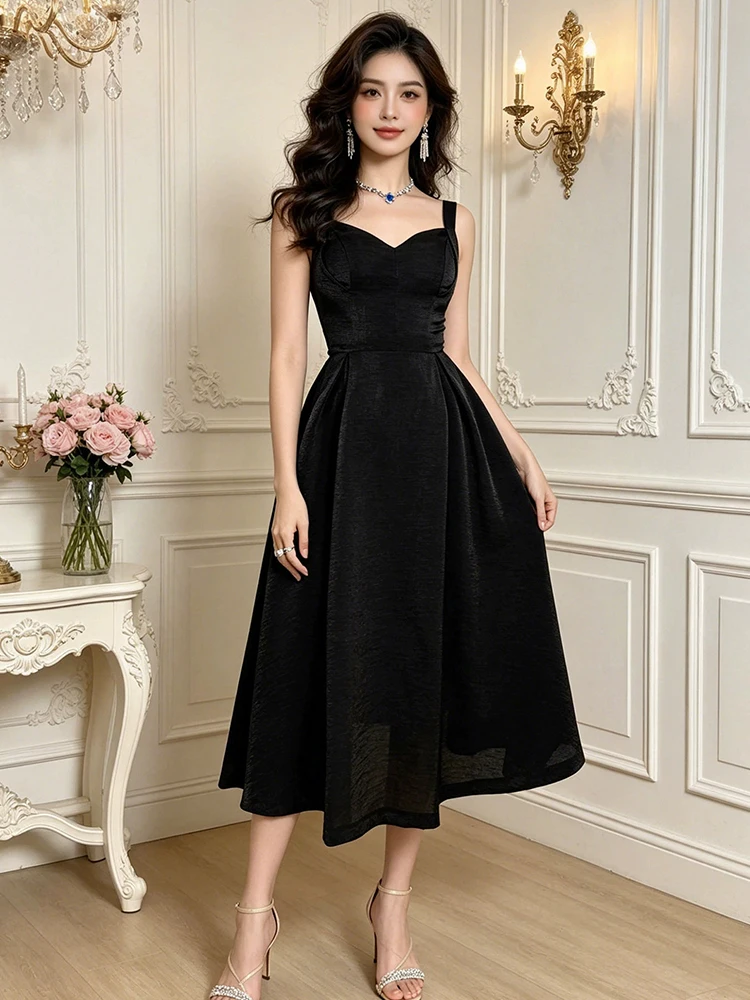 

French Style Black Evening Dress Women Elegant Retro Sexy Sling Corset A-Line Midi Vestidos Robe Date Formal Party Gown Vacation