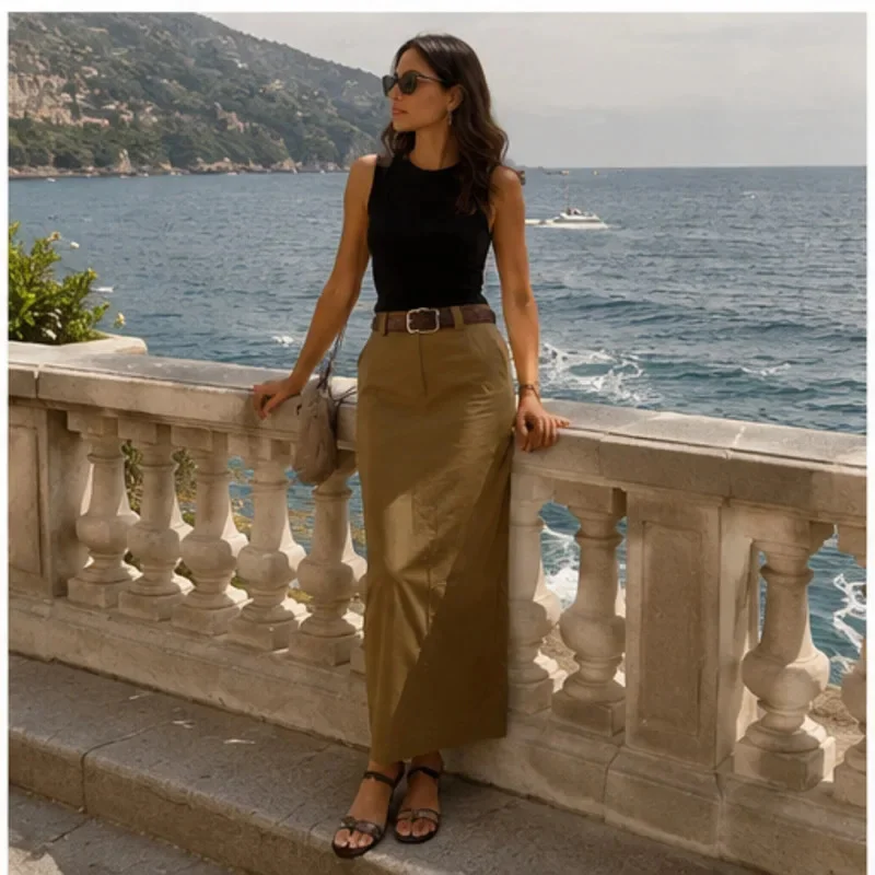 Women Khaki Cotton Maxi Skirt High Waist Long Pencil Skirt Split Hem Casual Office Lady Spring Summer Elegant Workwear Bottoms