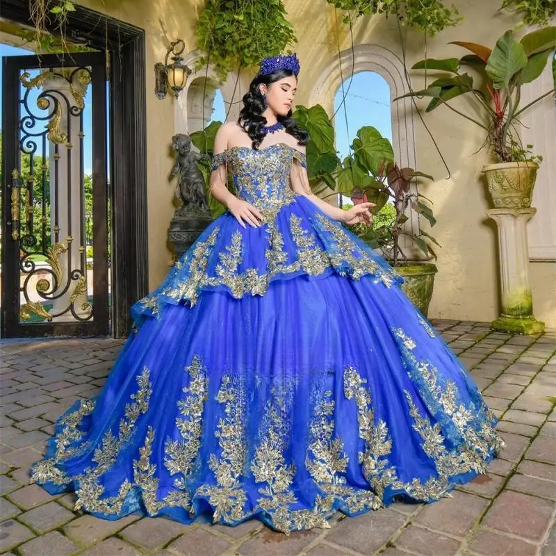 Aangepaste blauwe charmante kwastje quinceanera jurken voor meisjes lovertjes kant applicaties uit de schouder 15 anos vestido