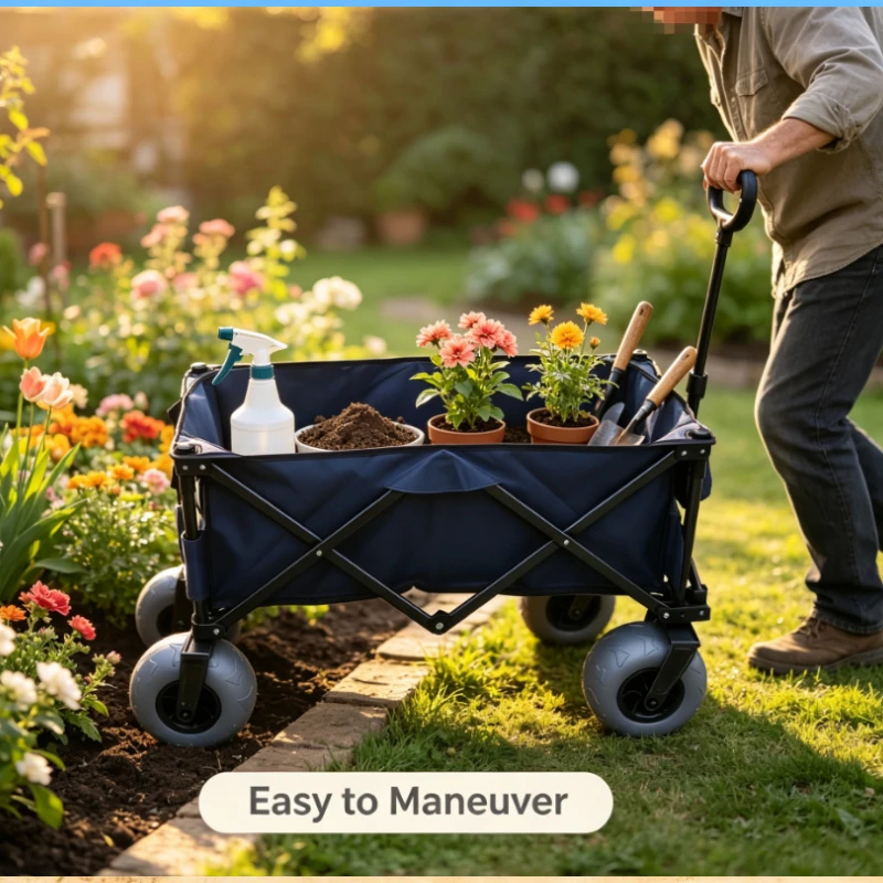 Foldable Garden Cart With Wide Balloon Wheels And Large Capacity For Outdoor Plant Transport And Storage