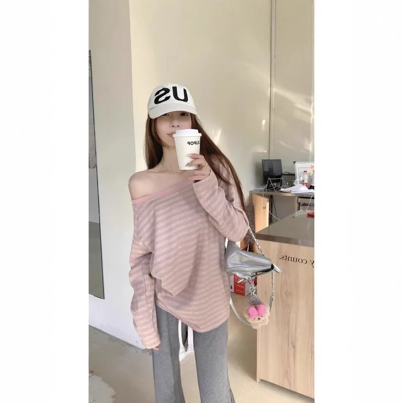 New Lady Autumn Loose Striped Off-shoulder T-shirt Women Student Slant-shoulder Long-sleeve Top Girls Woman Casual Base Shirt