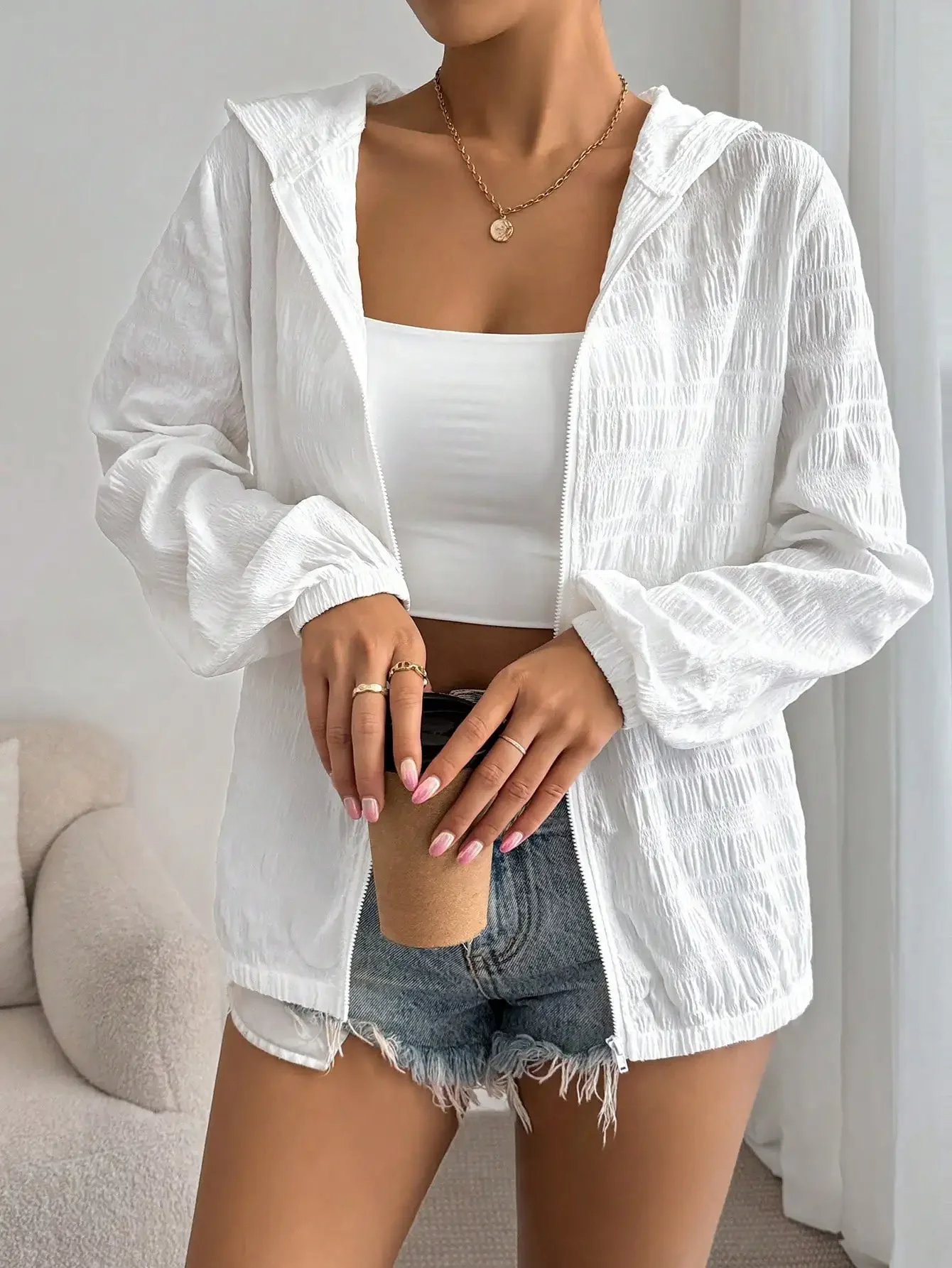 

Ultra-Light Long Sleeve Hooded Solid Color Jacket Outwear Thin Quality Zip-Up Casual Streetwear for Men