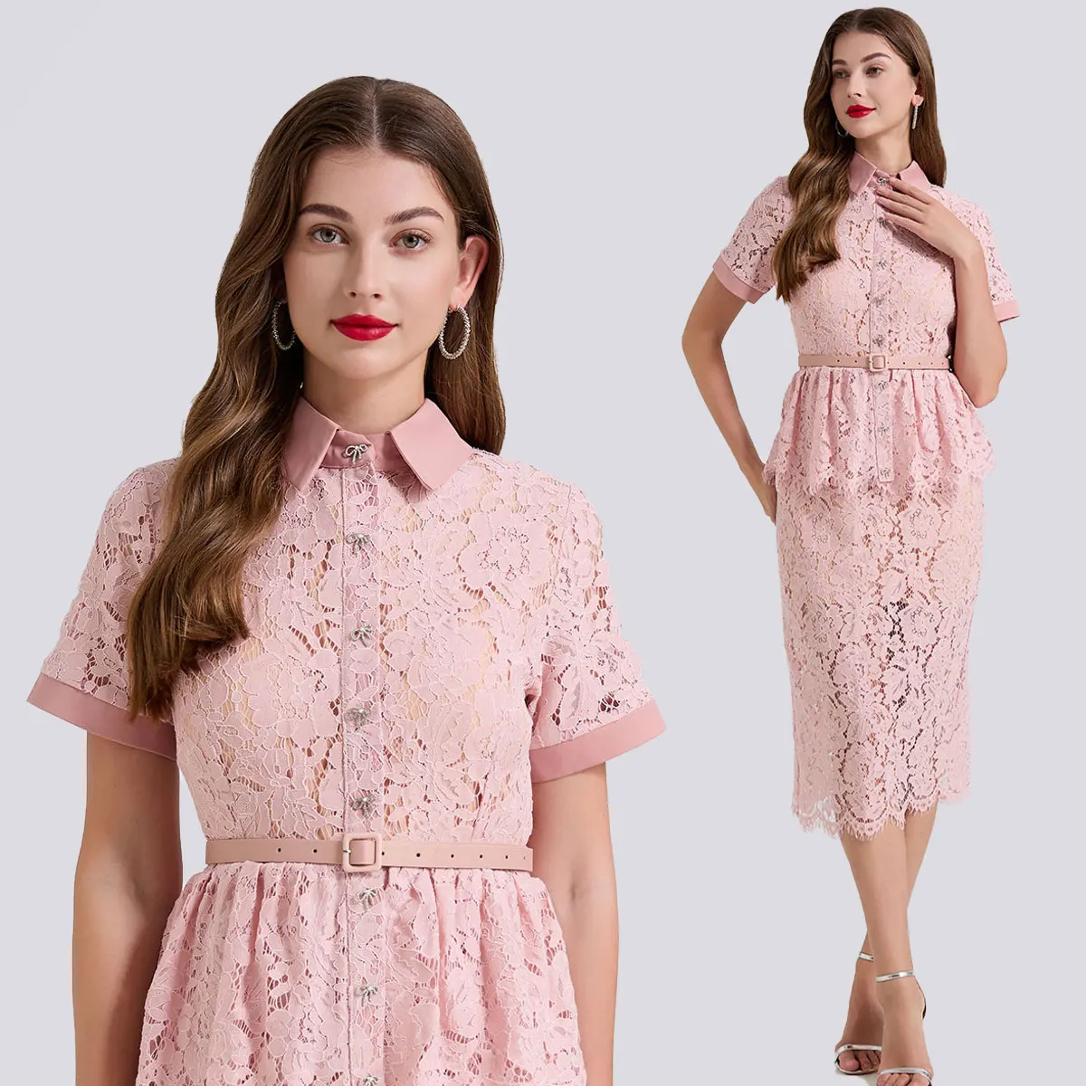 

High-End Solid Lace Splice Lapel Bodycon Dress Women's Crystal Buttons Ruffles High Waist Elegant Office Lady Work Dress