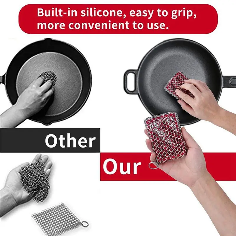 AFOURT-4X Cast Iron Skillet Cleaner,316 Stainless Steel Chainmail Cleaning Scrubber Silicone Scrubber,For Kitchen Cookware(Red)