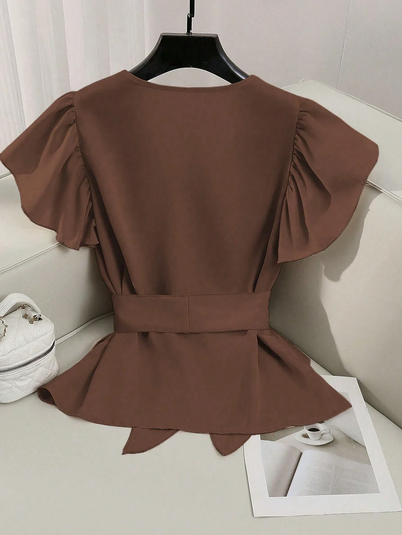 

Elegant V-Neck Solid Color Puff Sleeve Tie Waist Blouse Summer