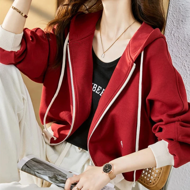 Hoodies Cotton Woman Tops Spring and Autumn Red Hooded Sweatshirt for Women Korean Clothing Basic Emo 90s Vintage Y 2k Casual - view 6