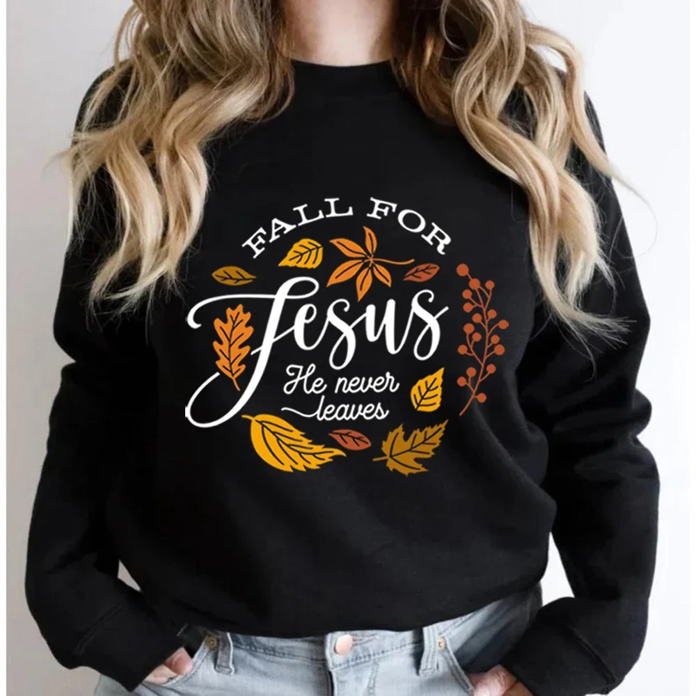 2026 Unisex Fall for Jesus He Never Leaves Sweathirts Retro Jesus Shirt Aesthetic Christian Tops Bible Verse Tee Fall Sweatshirt