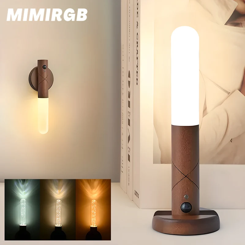 

USB Magnetic Wood Wireless LED Night Light Dimmable Body Sensor PIR Motion Night Wall Cabinet Induction lamp Bedside Lighting