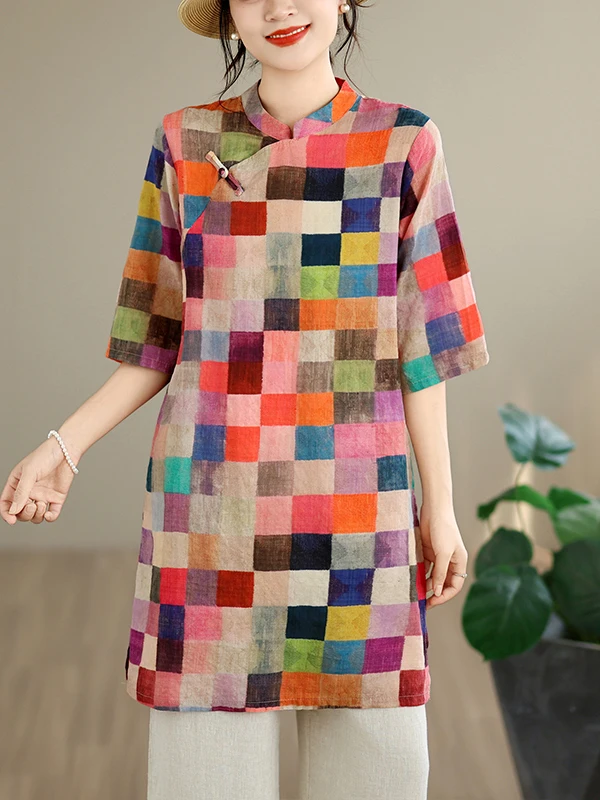 

Retro Chinese Style Midi Skirt Women's Clothing Digital Printing Stand Collar Side Button Cotton Blend Summer Shirt