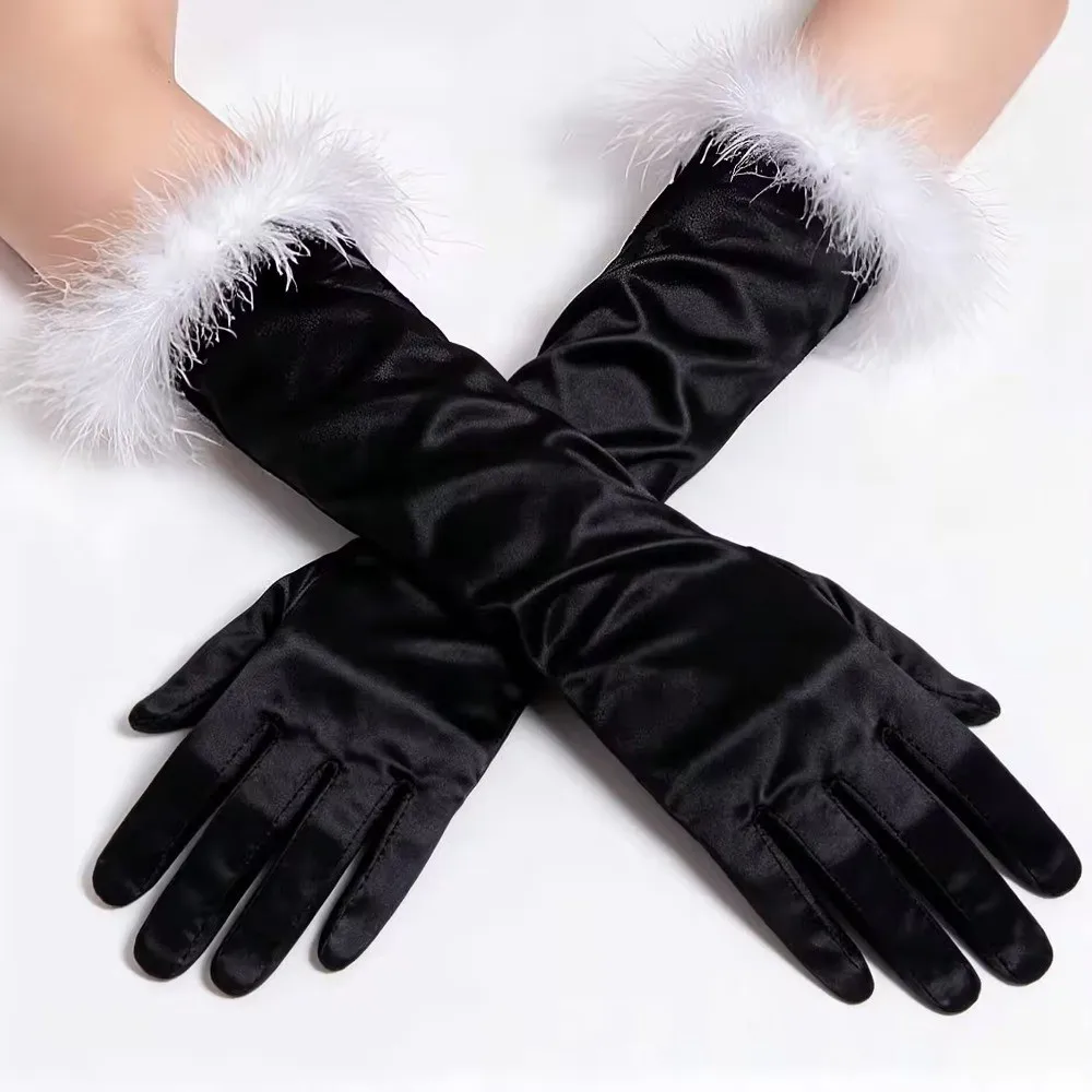 Elegant Satin Material Satin Long Gloves Feather Trim Elbow Length Elbow Length Gloves Long Style Evening Gloves Prom Costume