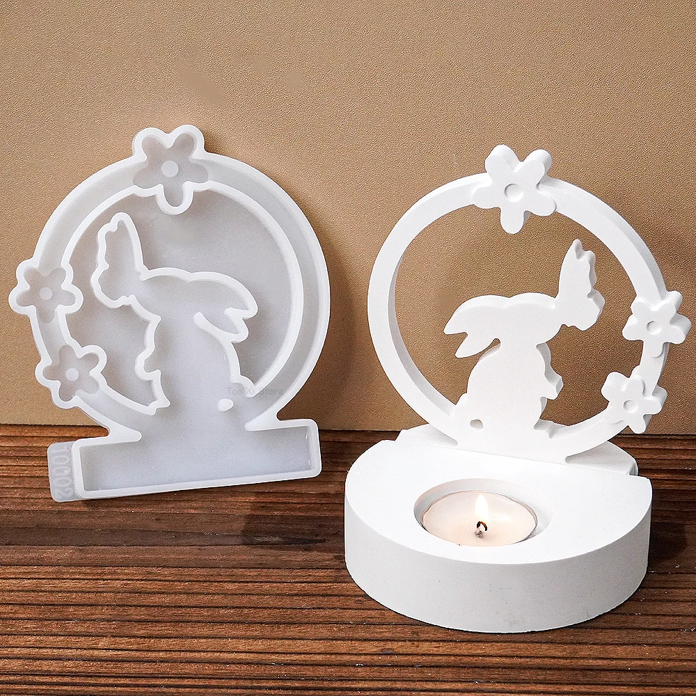 Rabbit Kiss Butterfly Candle Holder Mold DIY Circle Bunny Resin Candstick Molds Plaster Concrete Handmade Home Crafts Decor