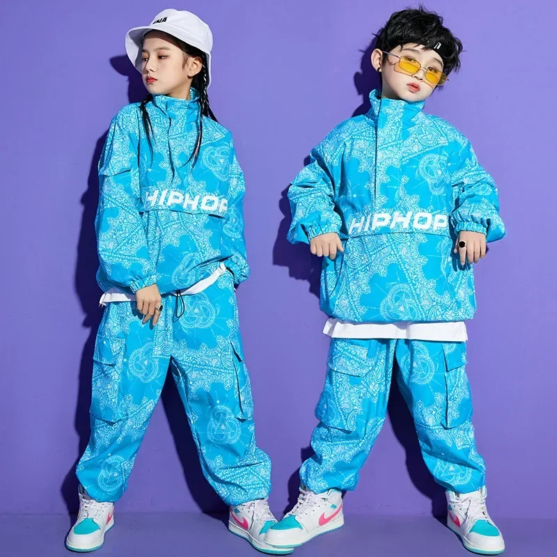 High Collar Paisley Top Cargo Pants Child Street Dance Kids Streetwear Costume Boy Hip Hop Sweatshirt Joggers Clothes Sets