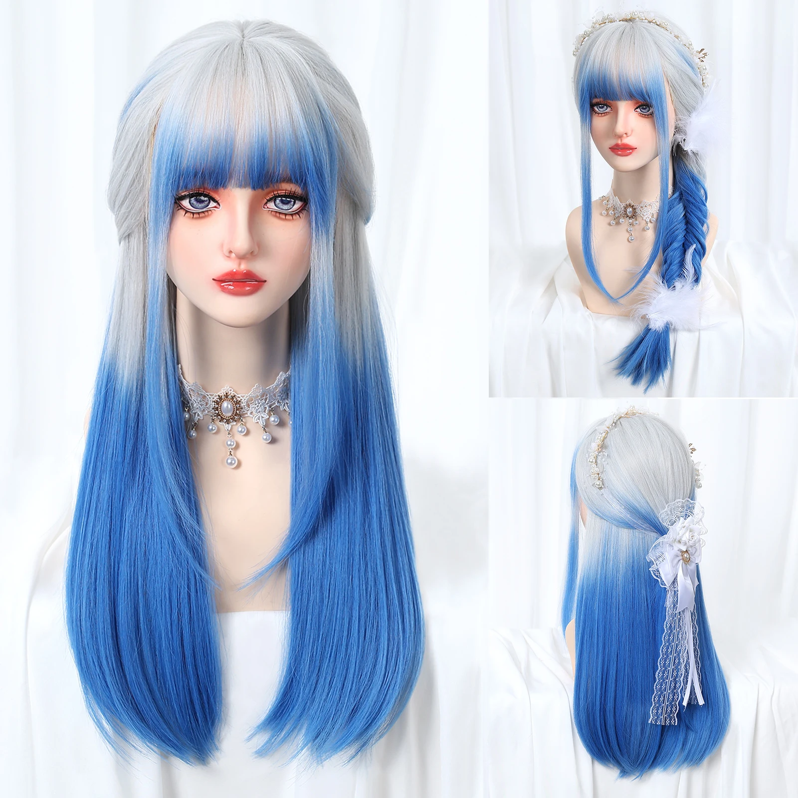 EASIHAIR White to Sky Blue Ombre Syntetyczne peruki dla kobiet Długie proste peruki Cosplay Naturalne włosy Sztuczne włosy Peruki Impreza Halloween