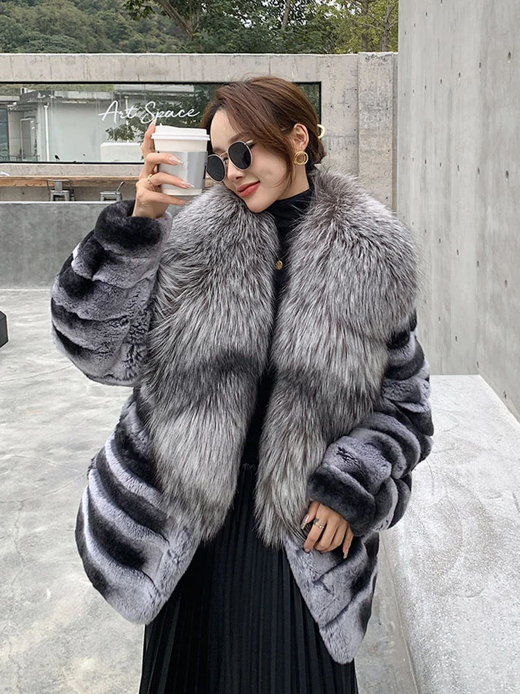 Imagem -05 - Furyoume Real Rex Rabbit Fur Coat para as Mulheres Cabolsa Quente Grosso com Fox Fur Collar Luxo Chinchilla Sobretudo Inverno