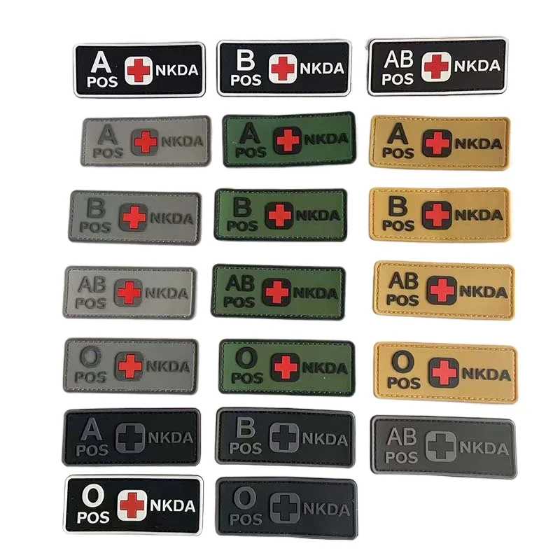 10*4CM PVC Rubber Badges Blood Type A+ B+ AB+ O+ POS NKDA Hook and Loop Patch,Outdoor Rescue Tactical Emblemen For Helmet,Hat