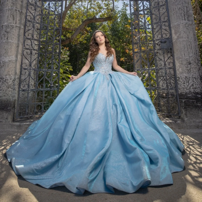 

Sky Blue Shiny Ball Gown Quinceanera Dresses Applique Beading Crystal Tull Corset Off Shoulder Sweet 16 Dress Vestidos 15 De