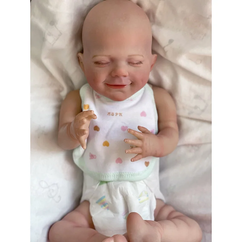 19inch  Full Body Vinyl Reborn Dolls April Smiling Face Newborn Sleeping Baby Boy 3D Skin Tone with Visible Veins Waterproof