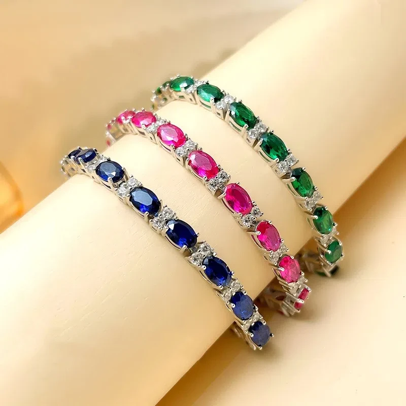 Luxury Vintage Lab-created Ruby Aquamarine Bracelet For Women100% S925 Silver Luxury Quality Jewelry