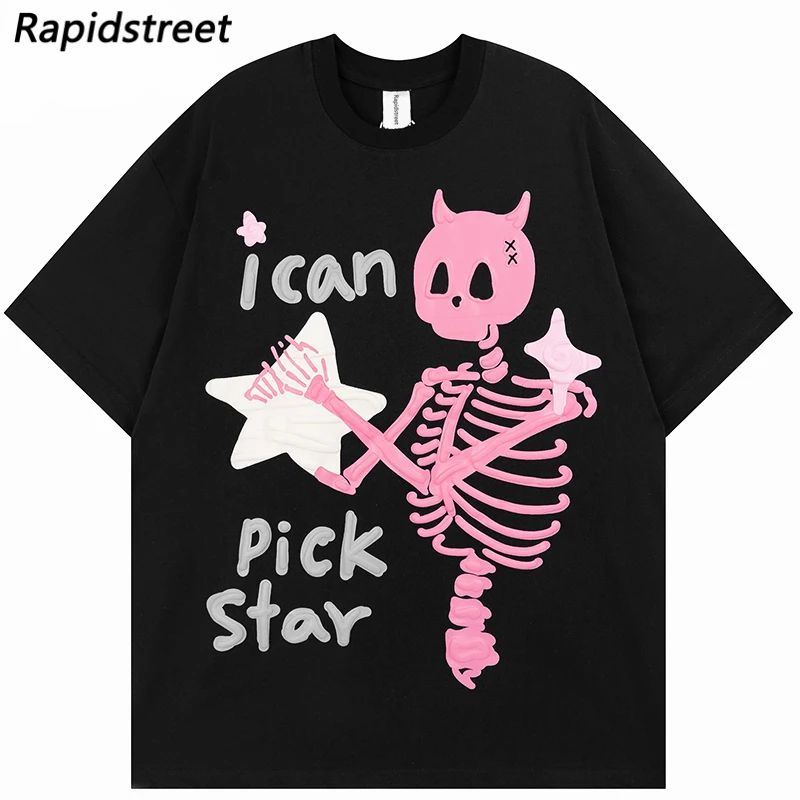 Men T-Shirt Oversized HipHop Streetwear Funny Devil Horn Skull Skeleton Graphic T Shirt Men Japanese Tshirt Summer Tops Cotton