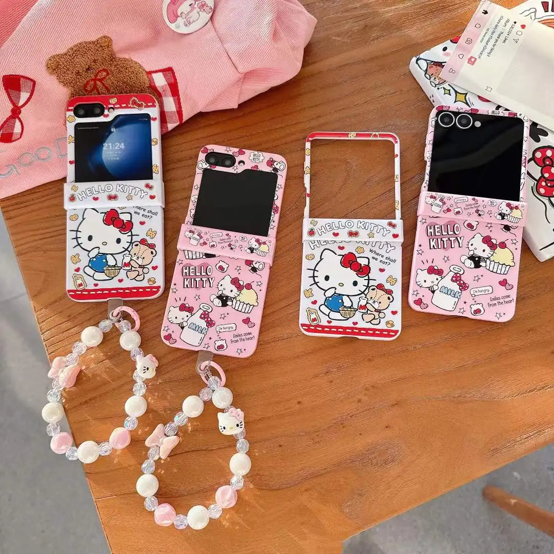 Kawaii Y2K لطيف مرحبا كيتي جراب هاتف لسامسونج غالاكسي Z فليب Z فليب 7 6 5 4 3 Zflip6 Zflip5 Zflip4 Zflip3 كاندي فوندا