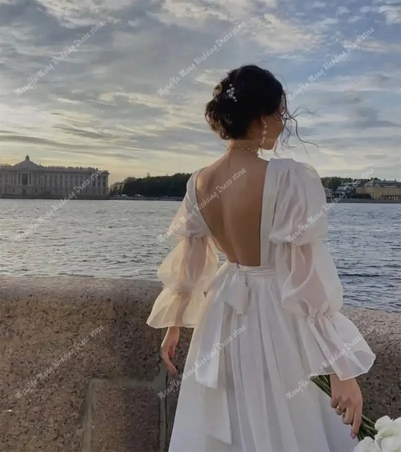 ZHUISHU Elegant Square  A-line Wedding Dress Customized Long Bishop Sleeves  Tea Length Pleated Backless Victorian Bridal Gowns