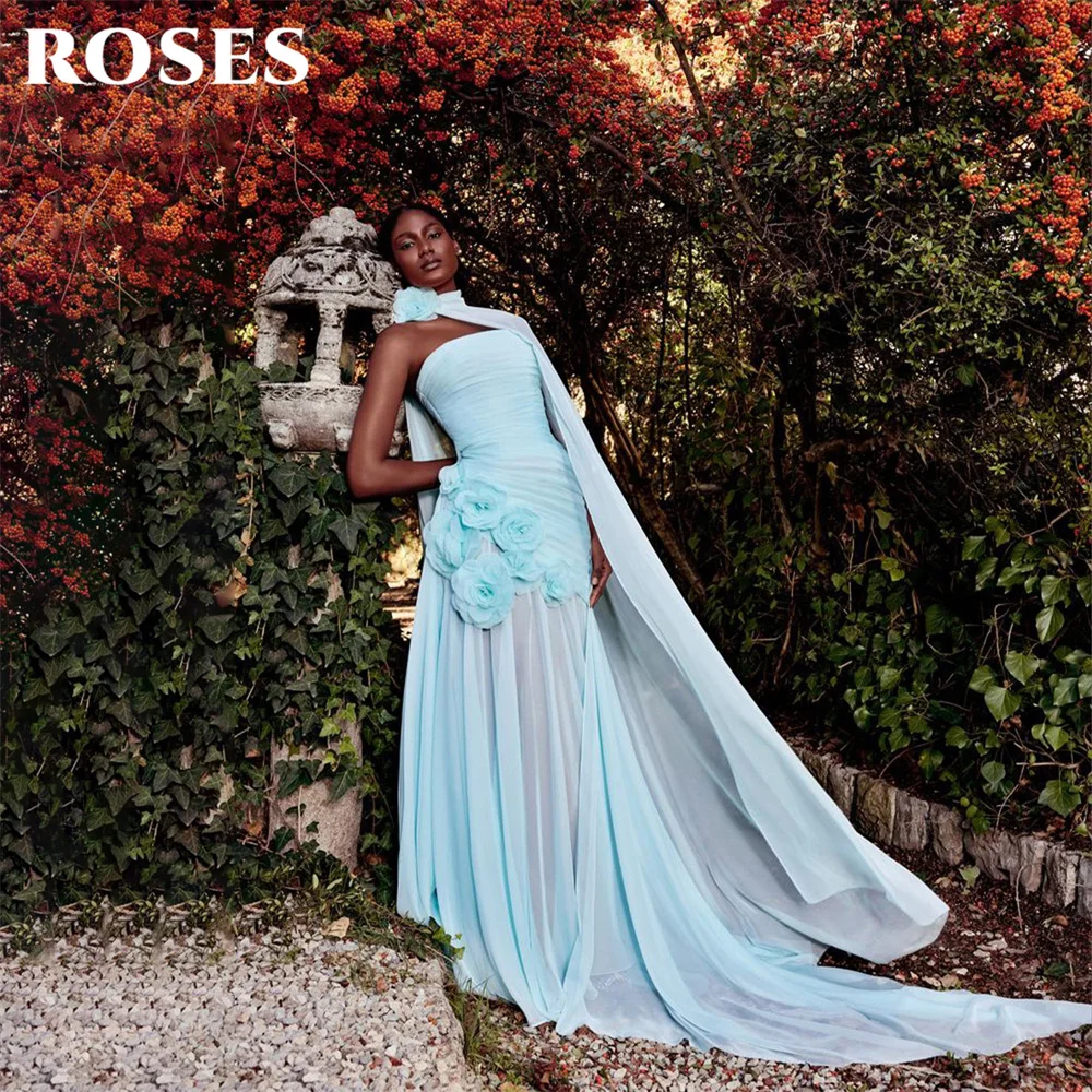 ROSES Sky Blue Party Dress Strapless Draped Neck Scarf Evening Dress with 3D Flowers فساتين السهرة for Wedding Customized