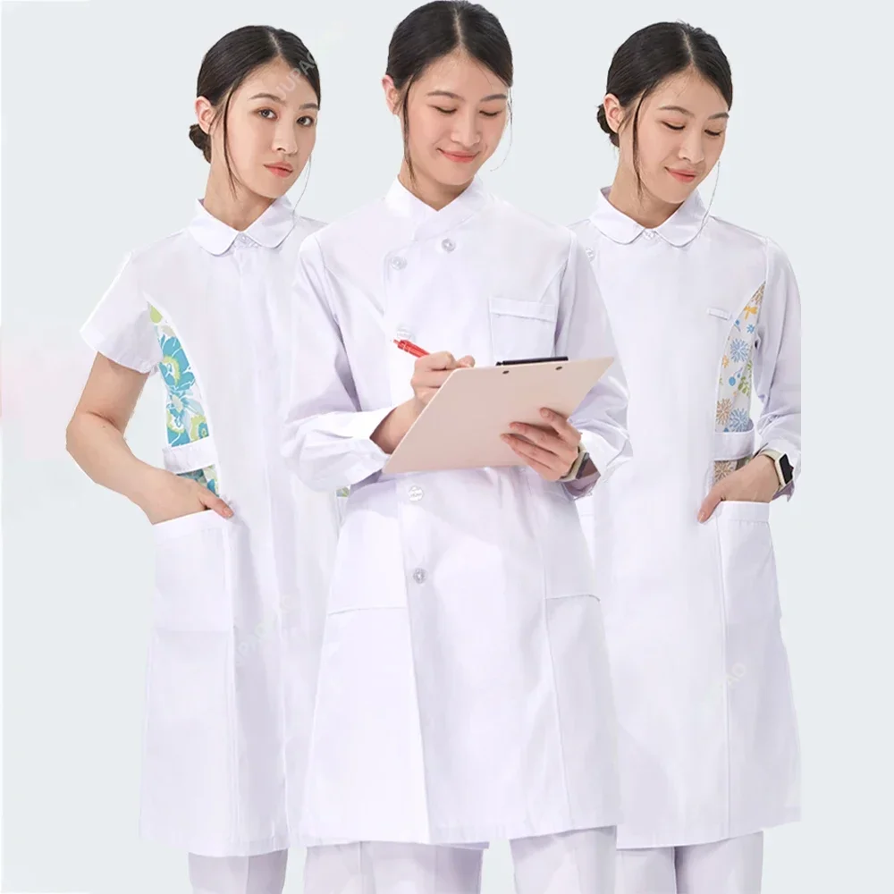 Medical Nurse Gown Women Scrub Uniform Robe White Long Sleeve Workwear Hospital Scrubs Nursing Dress Healthcare Uniforms