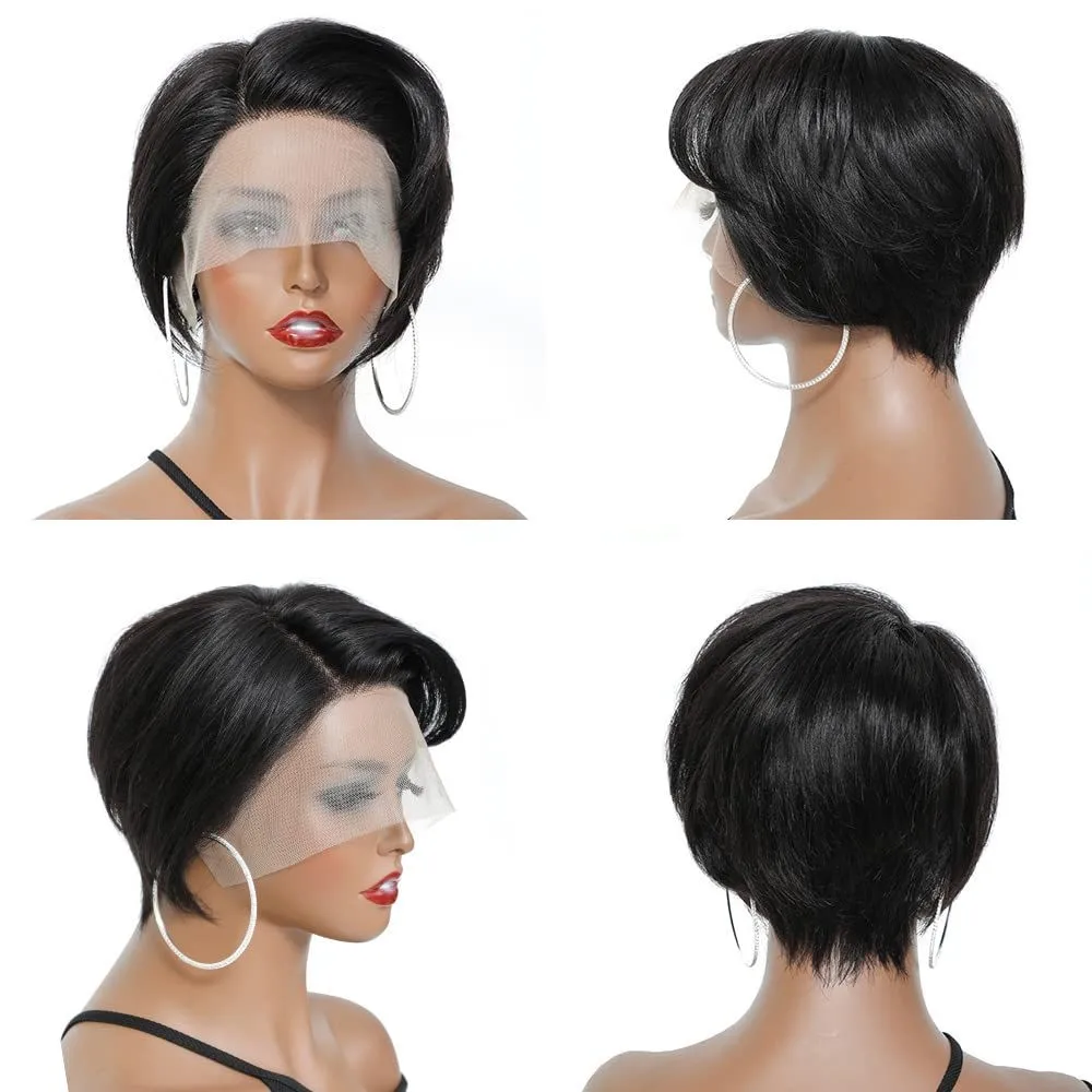 شعر مستعار بوب قصير بقصة بيكسي للنساء ، شعر بشري مستقيم ، شعر مستعار بدانتيل أمامي ، 13 × 4 × 1