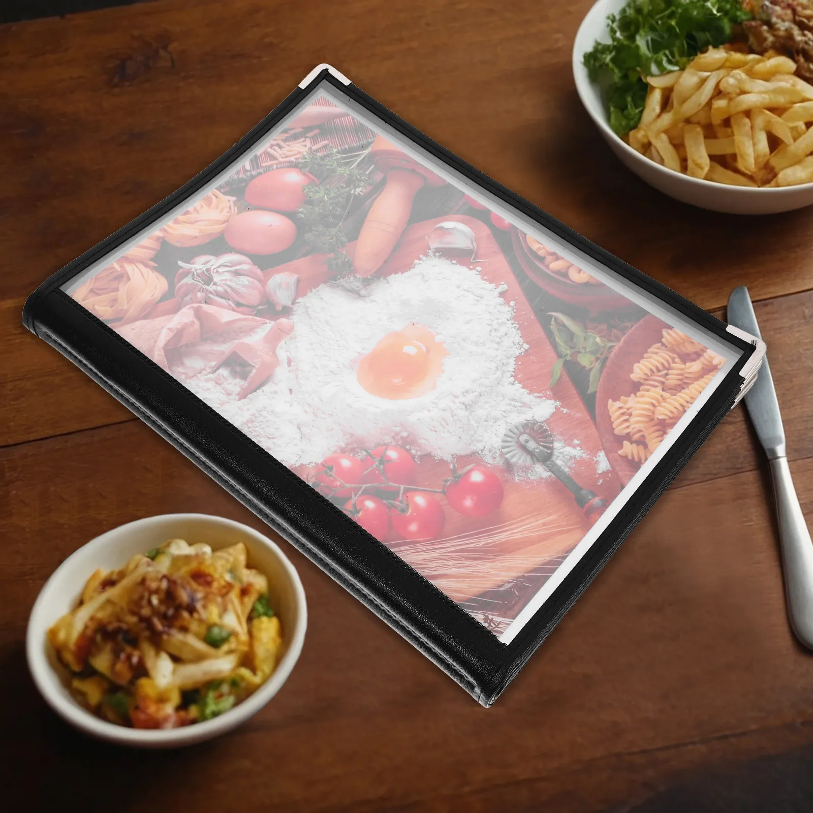 

Обложка для меню из прозрачного ПВХ на 12 страниц (24 стороны) для ресторанов, кафе, баров, бистро, закусочных, а также для хранения рецептов и документов по общепиту