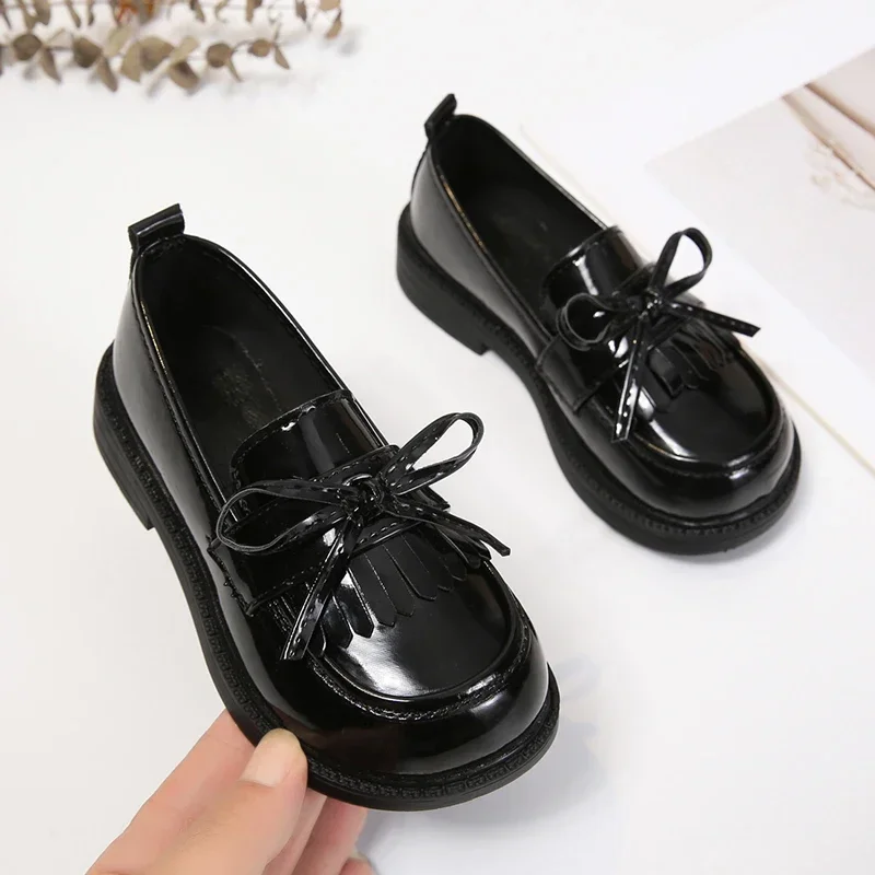 Girls Leather Shoes for Party Wedding Children Loafer for School Soft Soles Simple Kids Fashion Tassels Bow Non-slip Casual Shoe