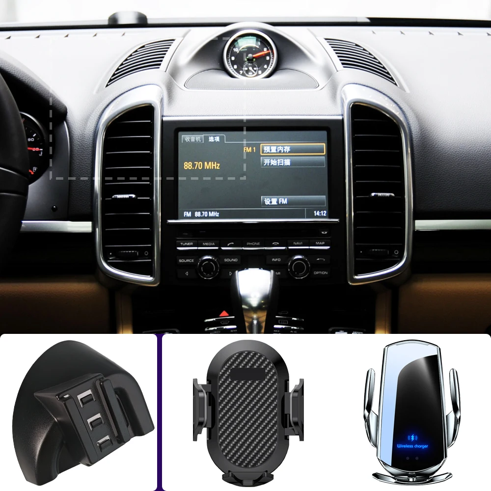 Uchwyt samochodowy na telefon do Porsche Cayenne 2010 2011-2015 Uchwyt samochodowy na telefon bezprzewodowy do ładowania Specjalna stała podstawa Akcesoria