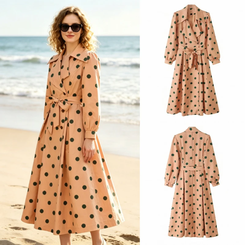 Women's  New Trench Coat 2026 Autumn Winter Fashion Polka Dot Long Stand Collar Drawstring Loose Casual Outerwear