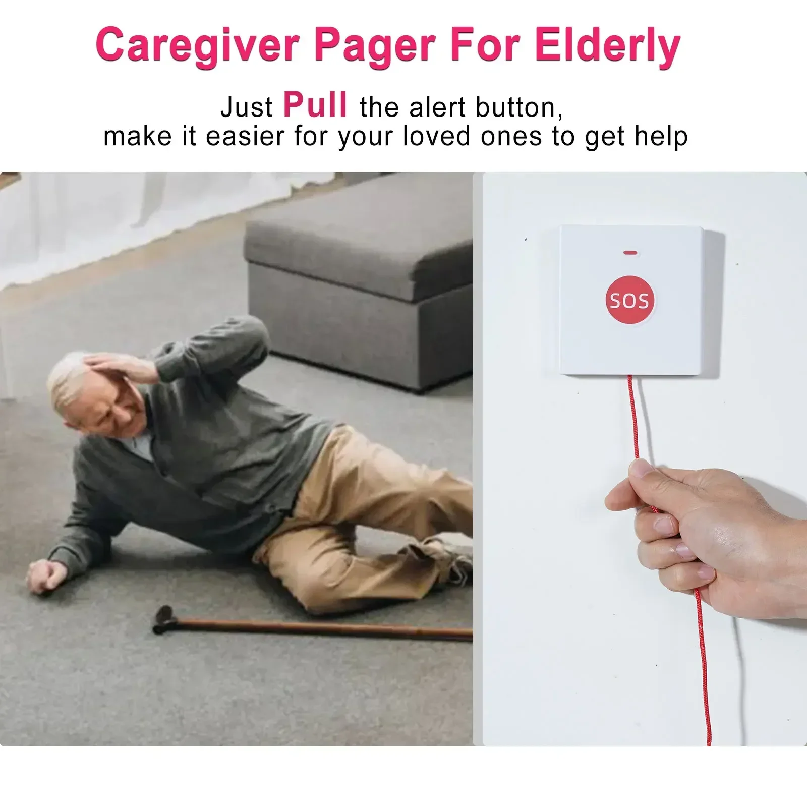Topvico 433 ميجا هرتز SOS زر الذعر مكالمة طوارئ لكبار السن إنذار ، مفتاح واحد اضغط/سحب للمساعدة النداء اللاسلكي لمقدمي الرعاية