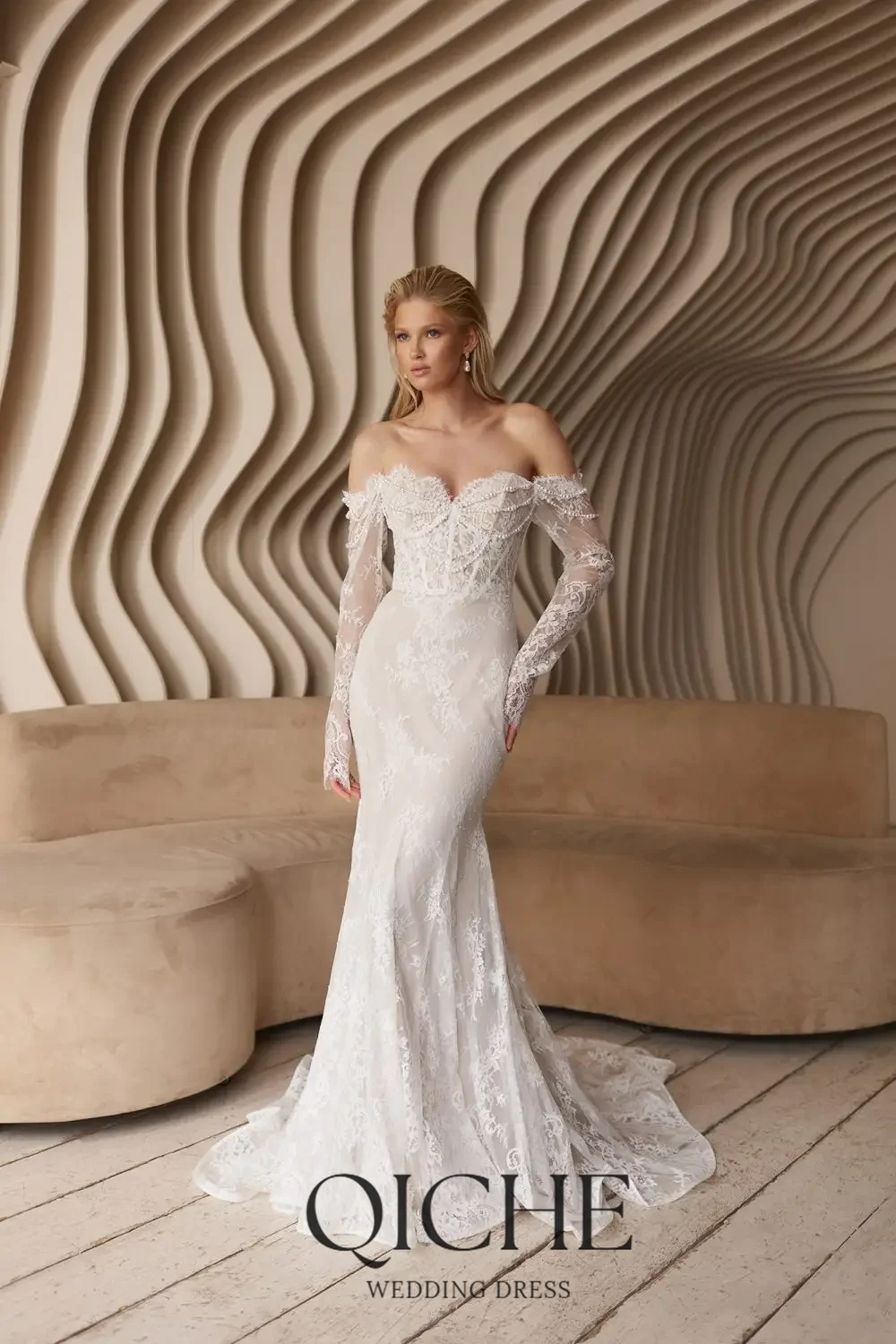 QICHE Luxury Lace Mermaid Women Wedding Dresses with Pearls 2026 Sweetheart Long Sleeves Bridal Gown Customized Brides Dresses image 5
