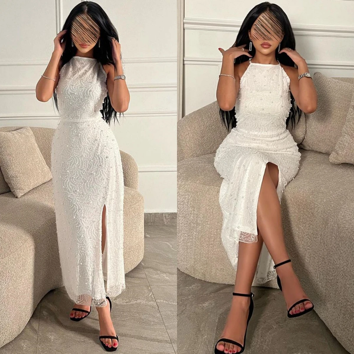 

Jiayigong Sexy Casual Jersey Draped Pleat Beading Engagement A-line O-Neck Bespoke Occasion Gown Midi Dresses