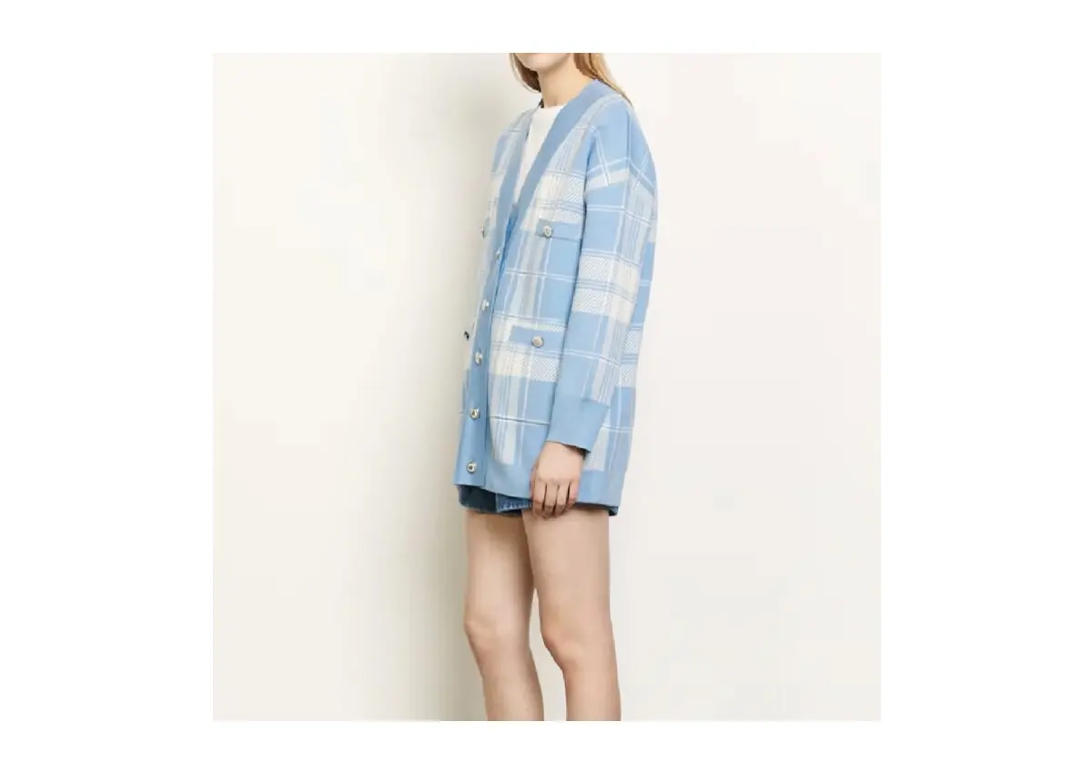V-neck female buckle blue plaid cardigan long sleeve sweater autumn / winter knit loose oversize long jump casual 3