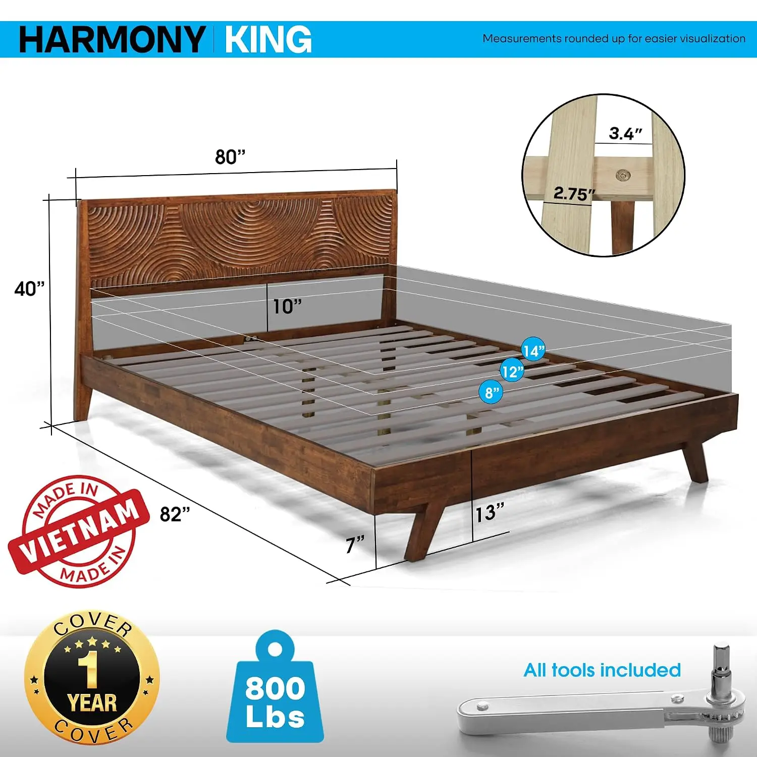 Solid Wood King Platform Bed Frame No Box Spring Walnut Finish, Customized
