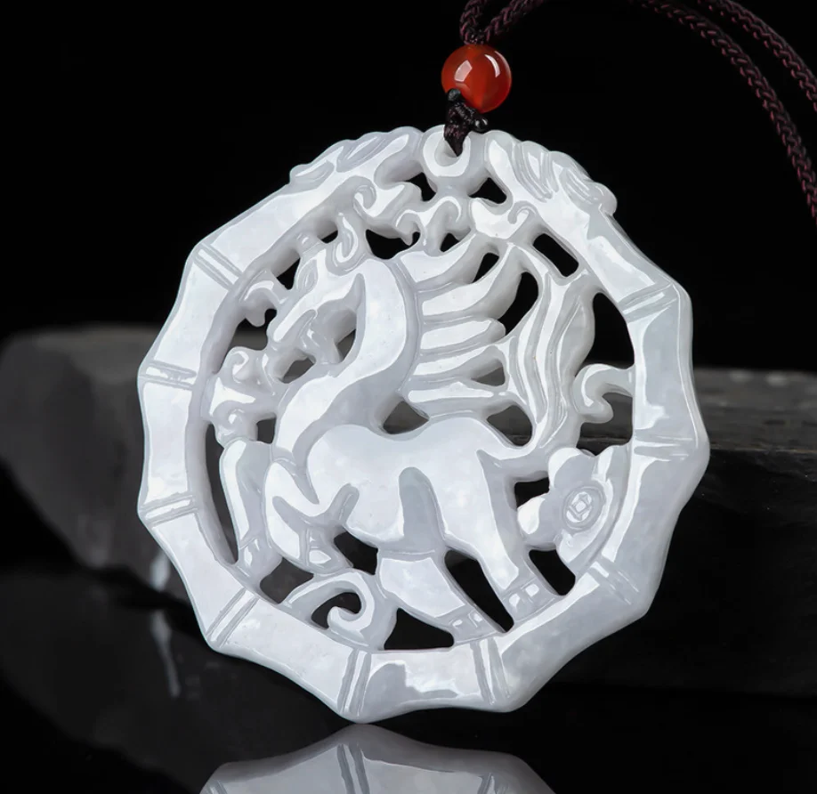 

Natural Myanmar Jadeite Antique Hollowed Out Horse Brand Charms Zodiac Ice Jade Pendant Jewelry Wholesale Drop Shipping