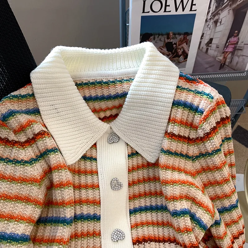 Regenbogen Gestreifte Gestrickte Pullover Frauen Frühling Herbst Retro Herz Taste Strickjacke Mode Turndown Kragen Lose Lange Ärmeln Top