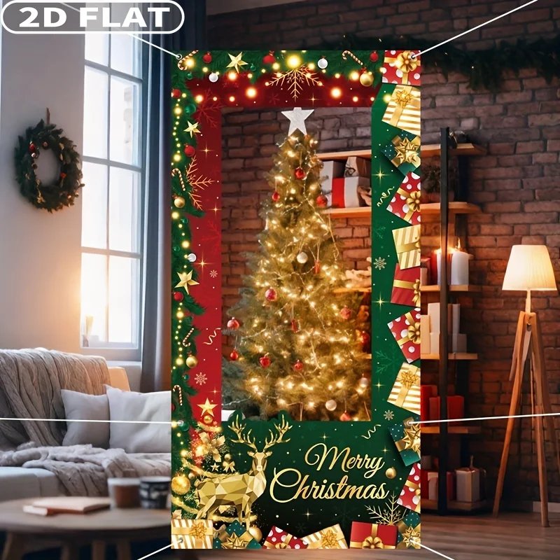 2D شقة 1 قطعة حفلة عيد الميلاد الأخضر كابينة تصوير الدعائم خلفية ، 90x180 سنتيمتر البوليستر هدية الكريسماس صندوق الأيائل تصميم خلفية #3