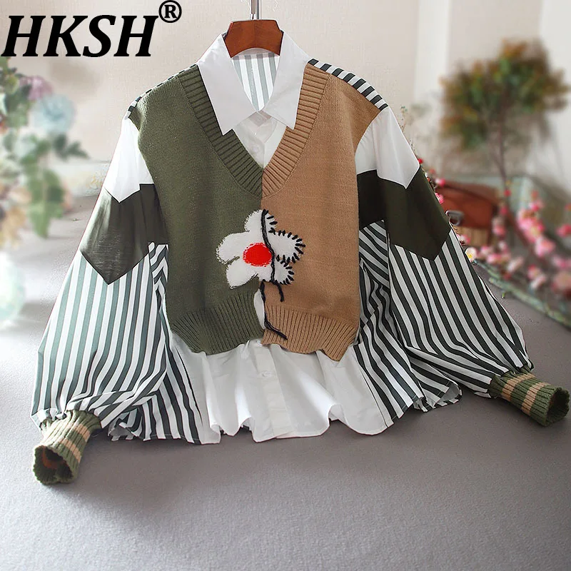 

HKSH Spring Autumn New Women Shirt Fake Two-Piece Color Block Knitted Patchwork Striped Elegant Oversized Blouse Ins Top HK17196