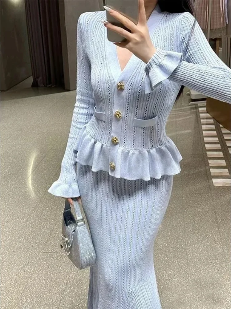 New Autumn Fashion Runway Temperament Blue V-Neck Knitted Long Dress For Women Ruffled Splicing Stretch Slim Mermaid Dresses