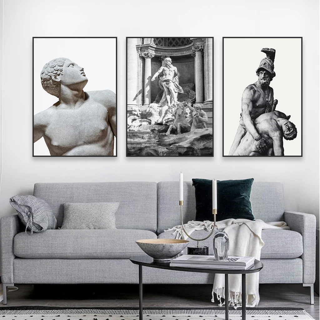 Greek Wall Art Poster Black and White Trevi Fountain Sculpture Prints Rome Marble Statue Canvas Painting Home Living Room Decor