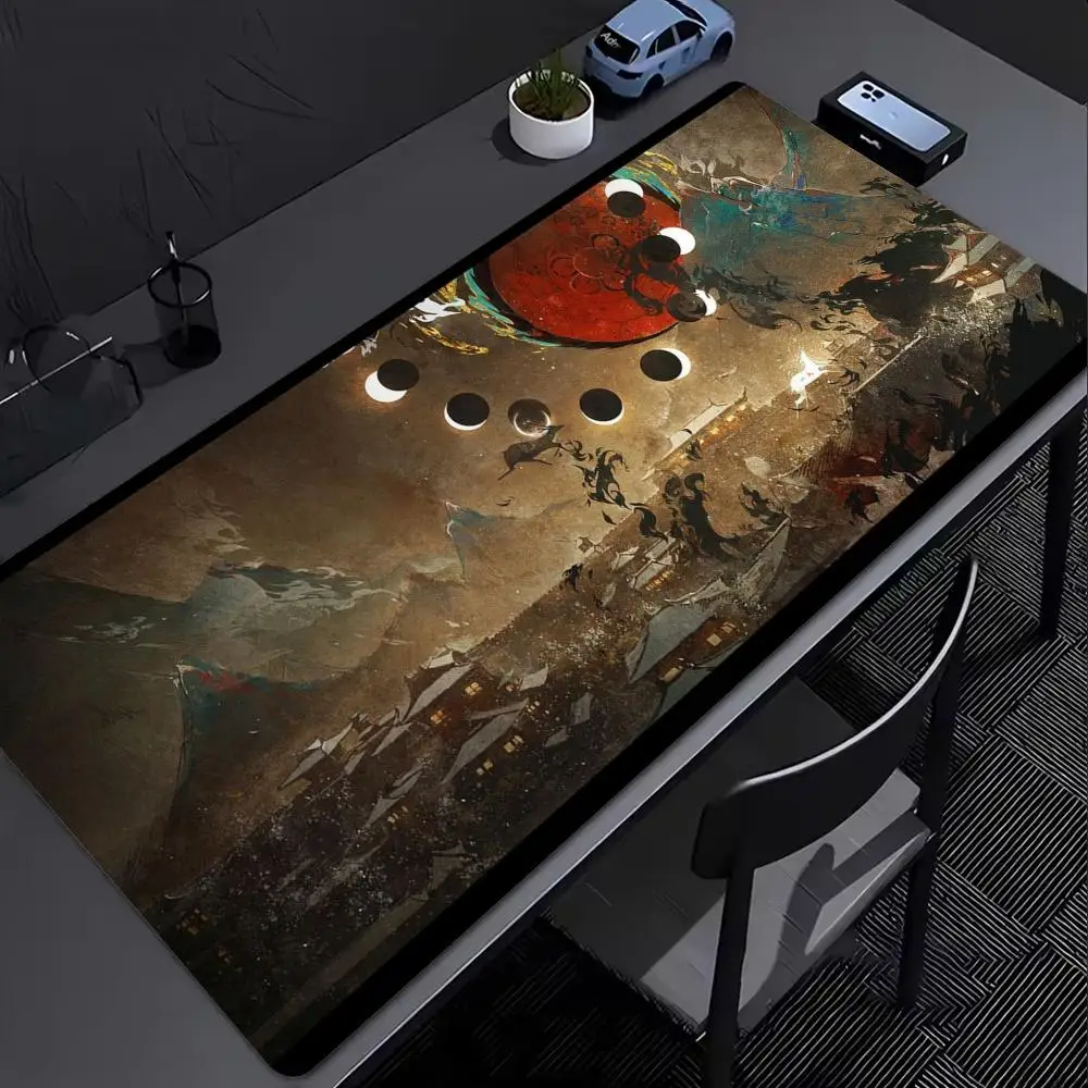 Large Mouse Pad Desk Mat Gaming Accessory Keyboard Pad Retro Oriental Phoenix Deer Moon Lotus Mountain Non Slip Rubber Base
