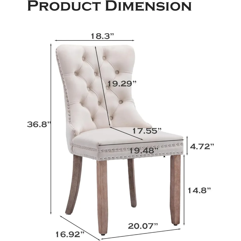 طقم كراسي طعام مخملية مكون من 6 كراسي منجدة لغرفة الطعام مع كراسي جانبية للمطبخ مع زخرفة رأس الأظافر وأرجل خشبية