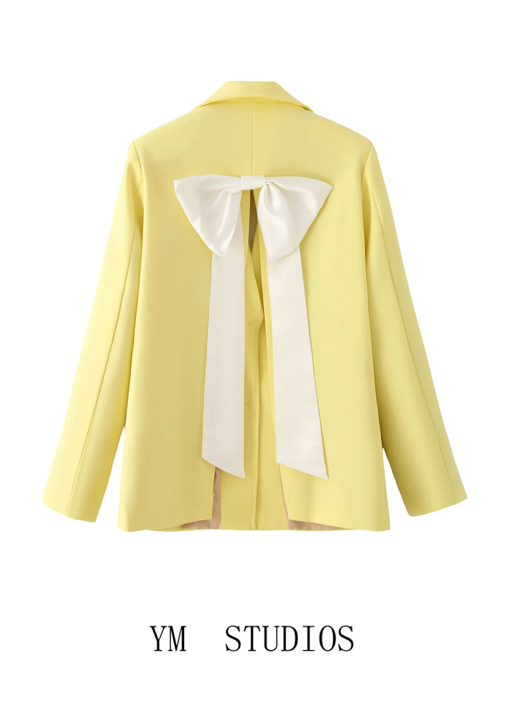 Żółta marynarka damska z wyczuciem stylu, top z wiązaniem, kolorowa, do pracy, z długim rękawem, o regularnej długości.