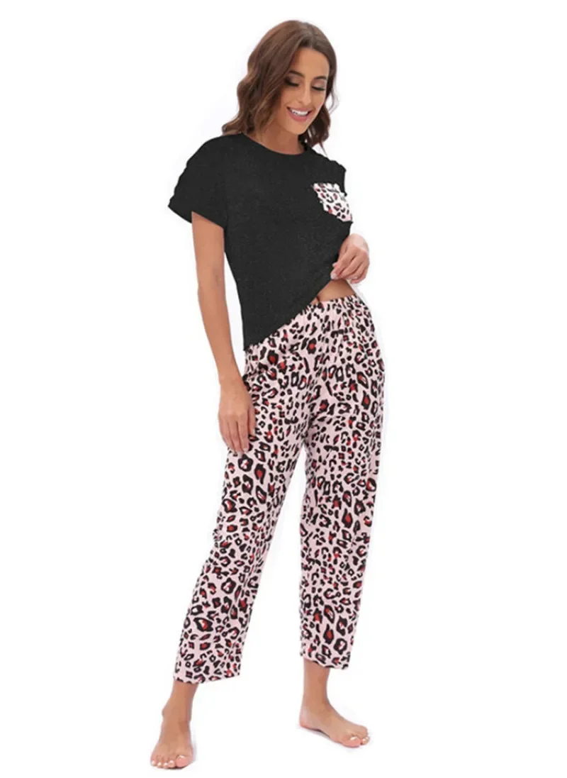 Conjunto de pijama com estampa leopardo feminino, roupa de dormir, calça de manga curta, bolso, primavera, verão, 2 peças